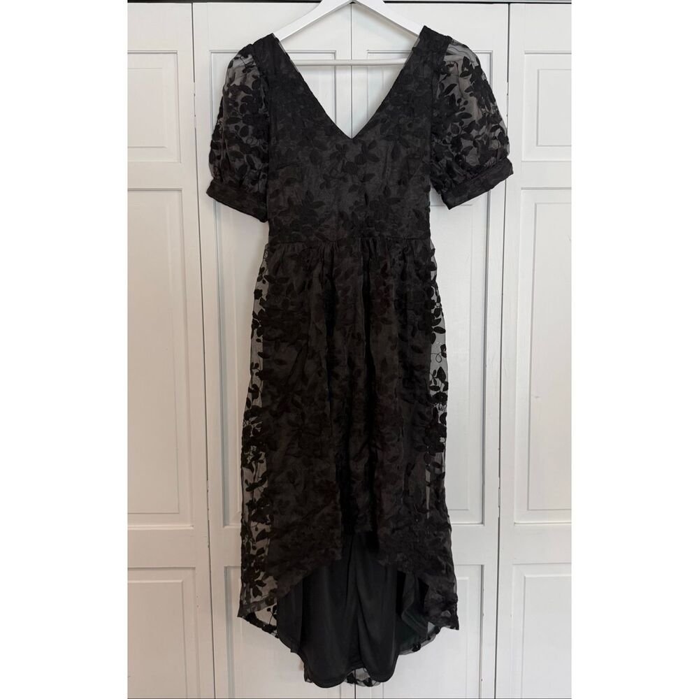 Lulus be my date black floral embroidered high low midi dress m - Picture 3 of 10